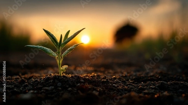 Obraz Save the planet theme with close-up of new plant growing in fertile soil during sunrise..