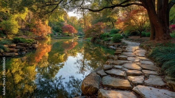 Obraz Serene park scene with colorful foliage, still lake water, and sunlit stones paving a quiet path..