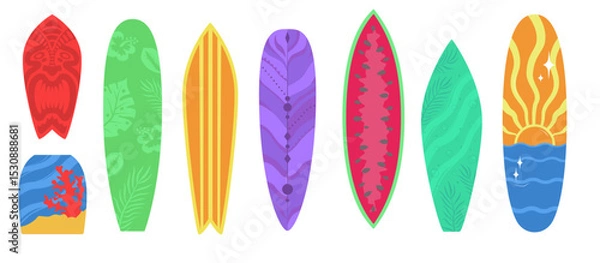 Obraz  Set of colorful surfboards with unique patterns and shapes.   Hand drawn flat illustrations perfect for beach themed designs, summer projects, apparel prints, and tropical lifestyle branding