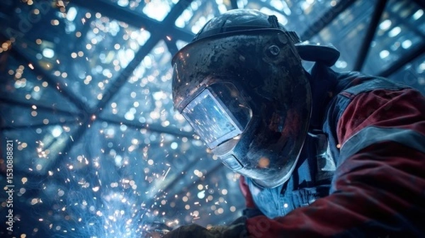 Obraz Skilled worker welding interior of LNG transport pipe, sparks flying in futuristic energy plant..