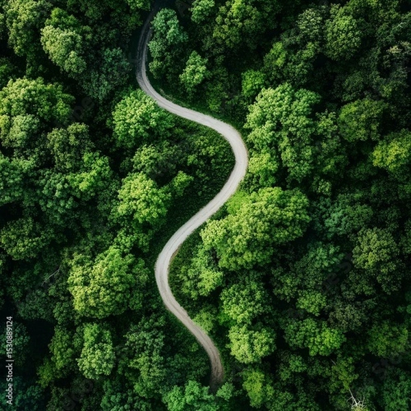 Fototapeta Aerial view of curving path in green forest landscape