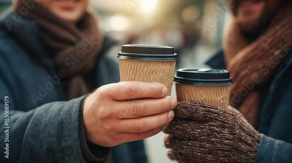 Obraz Takeaway coffee shared between two friends on a chilly day, focus on man's toasting hand..