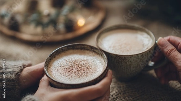 Obraz Winter coffee moment with warm cappuccino in hands, soft retro tones, friends bonding..