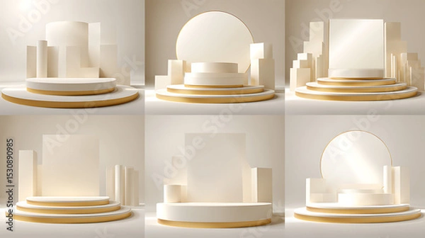 Fototapeta Minimalist exhibition space with geometric podiums and abstract structures, softly lit background