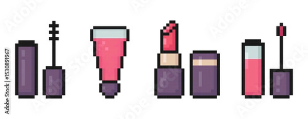 Obraz cosmetics pixel art set of icons, makeup products, mascara, lipstick, lip balm, 8 bit, old arcade game style, icons for mobile app, retro, vector illustration