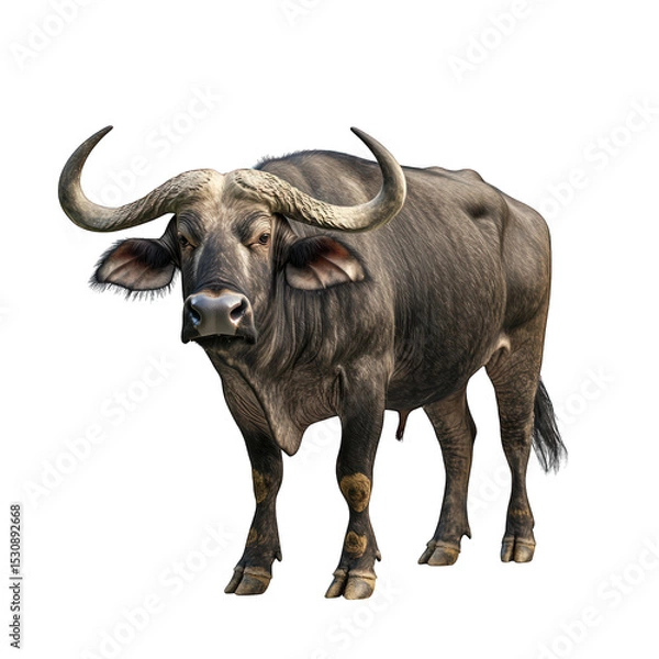 Fototapeta Large, dark buffalo with curved horns, isolated on black