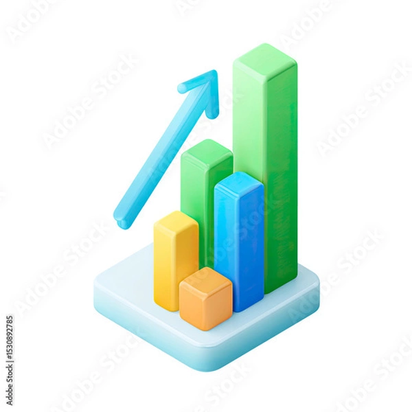 Fototapeta 3D Colorful Bar Chart with Arrow Showing Growth on Transparent Background