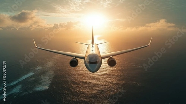 Fototapeta Jet gliding gracefully above the shimmering ocean during a breathtaking sunset, capturing the essence of travel in a tropical paradise