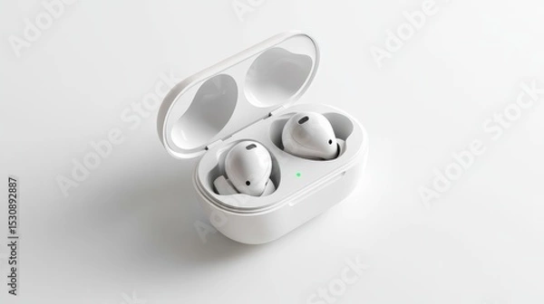 Fototapeta Experience seamless sound with realistic wireless earbuds nestled in their sleek charging case on a minimalist white backdrop