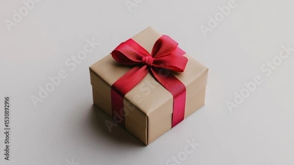 Fototapeta Delightful wrapped gift box embellished with a vibrant red ribbon resting gracefully on a pristine white background
