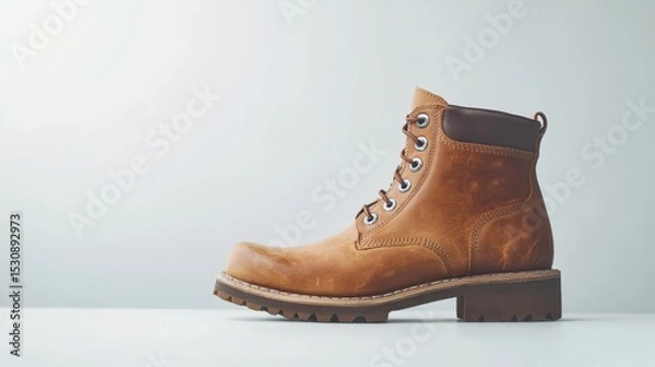 Fototapeta Stylish leather boots captured in a side profile view, showcasing their craftsmanship and design on a clean white surface in a contemporary setting