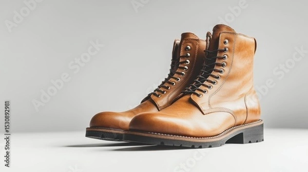 Fototapeta Striking leather boots showcased in a clean, minimalistic product display perfect for highlighting craftsmanship and style
