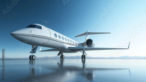 Fototapeta Luxury business jet parked elegantly on polished tarmac beneath a clear blue sky, showcasing its sleek design and immaculate finish in stunning detail