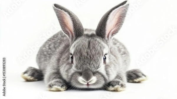 Fototapeta Calm gray rabbit resting on a soft white surface, showcasing exquisite fur details and a peaceful demeanor in a tranquil studio setting