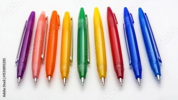 Fototapeta Colorful ballpoint pens arranged harmoniously on a white background in a product showcase style, designed for maximum visual appeal and simplicity