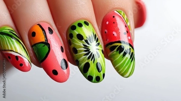 Fototapeta Vibrant tropical fruit nail art featuring watermelon and kiwi designs with bright shades and a pristine white background