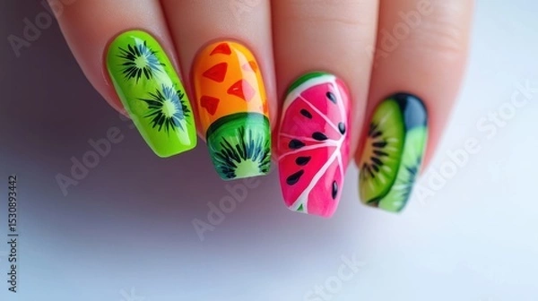 Fototapeta Colorful tropical fruit nail art featuring watermelon and kiwi designs on a clean white background, showcasing vibrant shades and intricate details