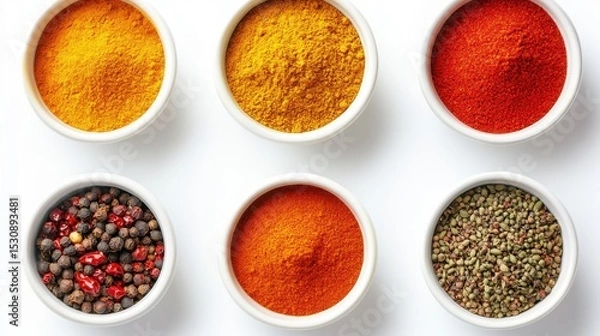 Fototapeta Vibrant display of colorful spices in round ceramic bowls captured from above on a clean white background showcasing culinary diversity and richness