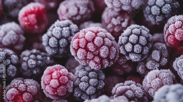 Fototapeta Frozen mixed berries create a mesmerizing tapestry of icy textures and vibrant colors, captivating the senses with their cold aesthetic and ultra-realistic details