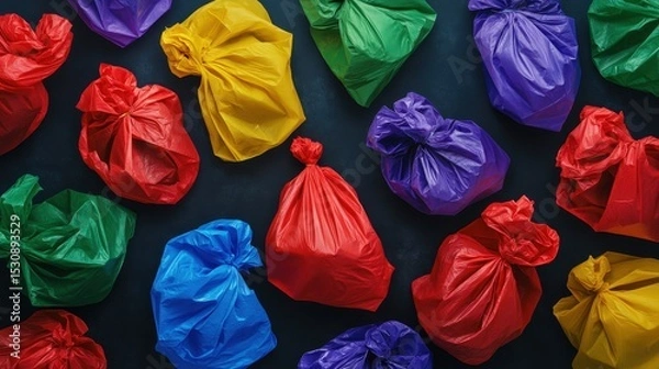 Fototapeta Colorful chaos of tightly tied plastic garbage bags creates a striking visual on a dark backdrop showcasing bold hues