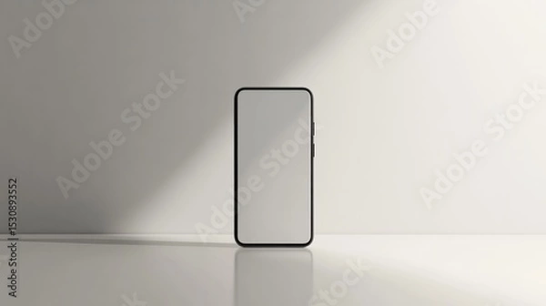 Fototapeta Modern smartphone displayed vertically on a pristine white background with soft shadows highlighting its sleek design and minimalist aesthetic
