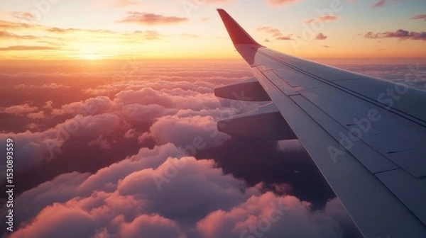 Fototapeta Breathtaking sunrise view from an airplane window, showcasing soft golden hues and serene cloud formations, capturing a moment of tranquility in the sky