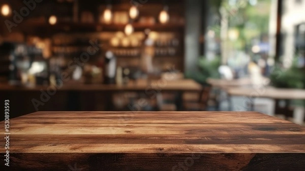 Fototapeta Warm wooden tabletop inviting moments of relaxation in a cozy coffee shop setting with blurred modern decor
