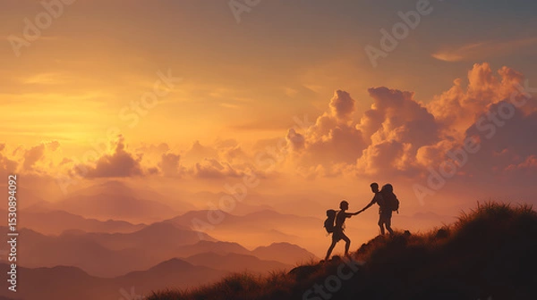 Fototapeta Two hikers assist each other on a mountain at sunset, surrounded by vibrant clouds and distant peaks