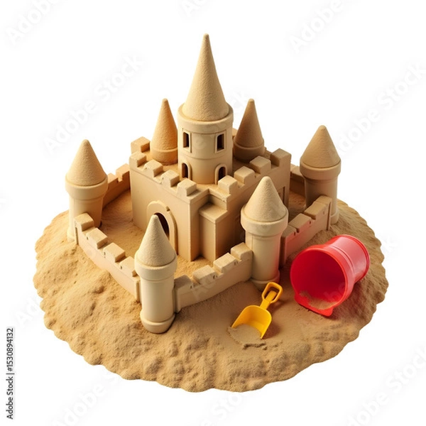 Fototapeta Joyful summer beach sandcastle play with bucket and shovel toy