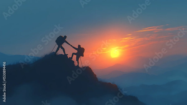 Fototapeta Two climbers assisting each other to reach the summit at sunset, with mountains in the background
