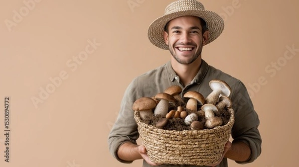 Fototapeta Smiling young man holding a basket of freshly picked mushrooms.