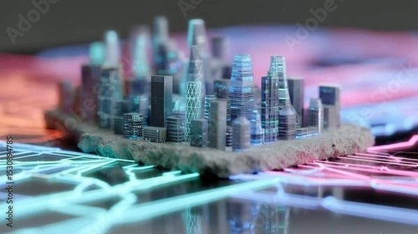 Fototapeta Futuristic cityscape model with glowing lines, showcasing urban development and technology.