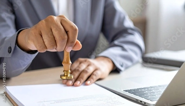 Fototapeta close-up shot of a hand applying a legal stamp to a contract in an office, signifying the final approval and authentication of important business documents.