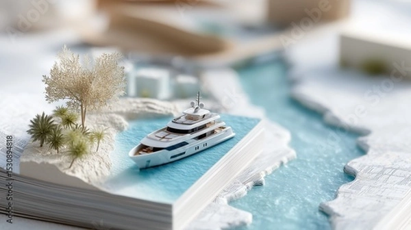 Fototapeta Luxury yacht on a miniature ocean scene, crafted from pages of a book. A serene escape.