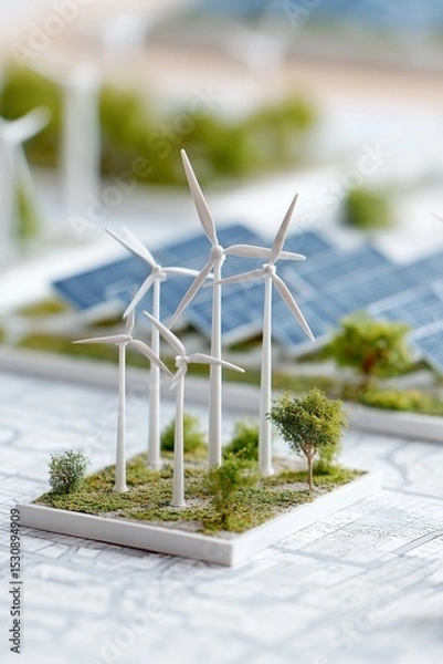Fototapeta Miniature wind turbines and solar panels on a table. Sustainable energy concept.