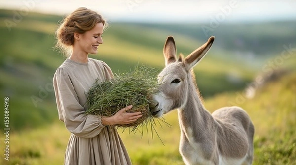 Fototapeta Young woman feeds a donkey in a sun-drenched field. A heartwarming moment of connection with nature.