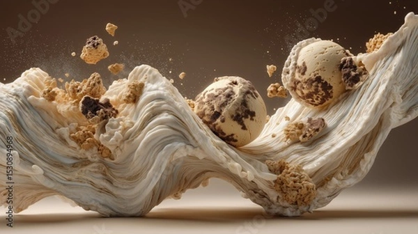 Fototapeta Creamy swirls of ice cream with cookie dough pieces in motion.