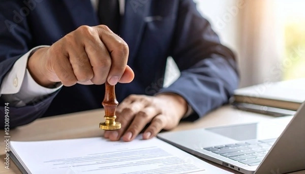 Obraz close-up shot of a hand applying a legal stamp to a contract in an office, signifying the final approval and authentication of important business documents.