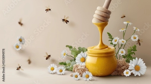 Fototapeta Golden honey flows from a honey dipper into a jar, surrounded by daisies and bees.  Pure nature.