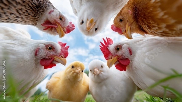 Fototapeta A group of chickens and chicks gather close, creating a whimsical scene.