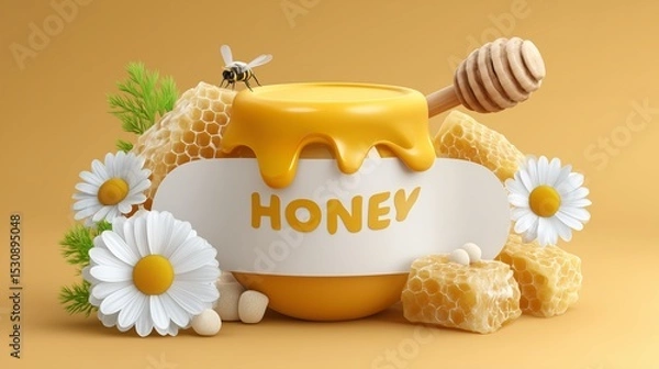 Fototapeta Sweet honey pot with honeycomb and daisies. Dripping honey, bee, and wooden honey dipper.