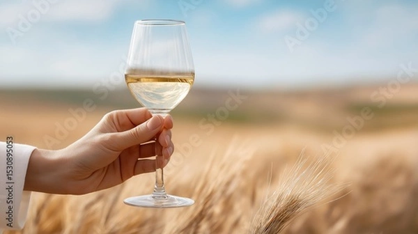 Fototapeta Woman's hand holds a glass of white wine against a golden wheat field.