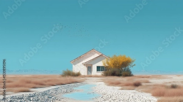 Fototapeta Small house in a vast, dry landscape. Minimalist architecture and serene colors.