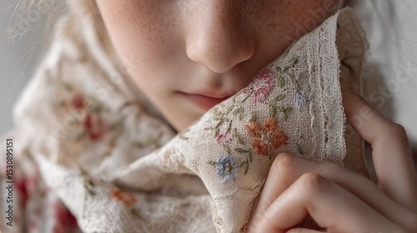 Fototapeta Young girl with freckles gently holds a floral embroidered shawl. Soft, muted tones create a serene mood.