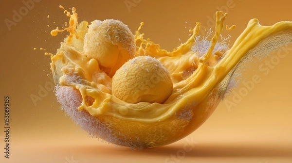 Fototapeta Two scoops of creamy, coconut-covered ice cream burst through a wave of golden liquid.