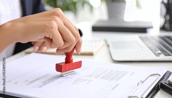Obraz Close-up of hand using a red stamp on a legal document, indicating confirmation or validation in administrative work. business concept.