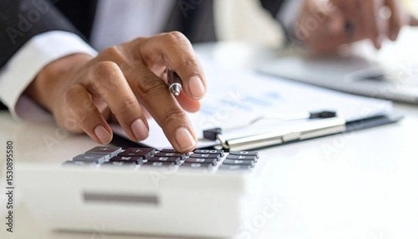 Obraz A Accounting and payroll systems, featuring calculators, bank documents, and payment processing. Businesses dealing with money management, loan applications, and tax services financial solutions.