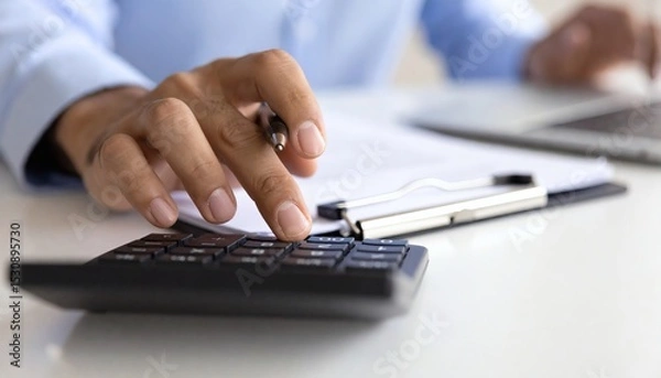Obraz A Accounting and payroll systems, featuring calculators, bank documents, and payment processing. Businesses dealing with money management, loan applications, and tax services financial solutions.