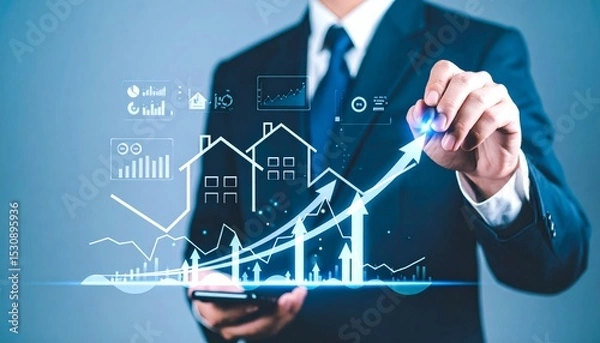 Obraz Housing market trends with increasing property value and economic forecast.Real estate investment and property market analytics, financial growth trends. business concept.