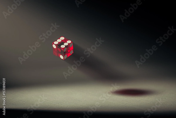 Obraz Red die is shown in mid-air, with the numbers 1 through 6 visible on its surface. The image has a dark, moody atmosphere, with the die appearing to be falling or floating in the air. 3d render